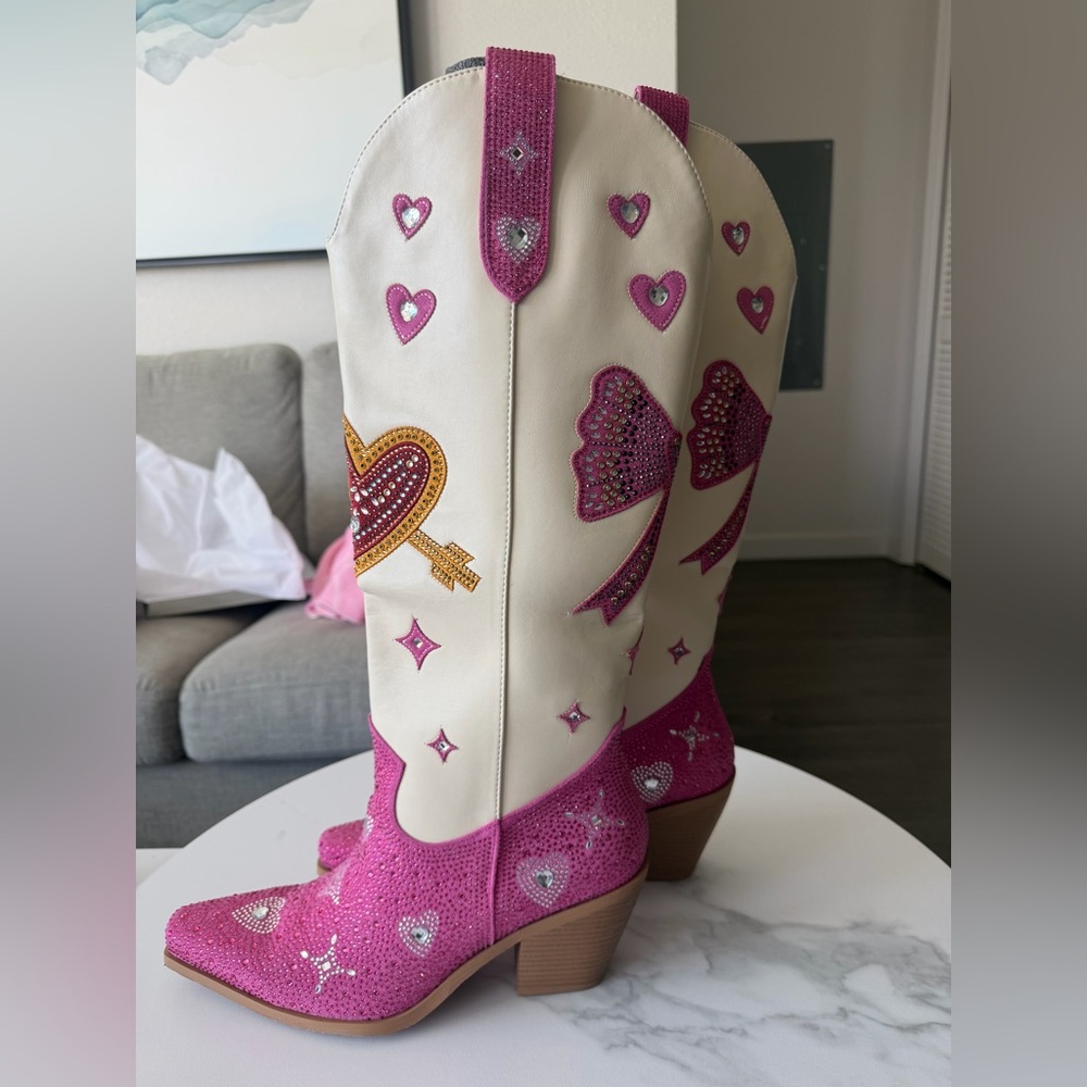 Pink and Cream Embellished Women's Boots - Picture 9 of 12